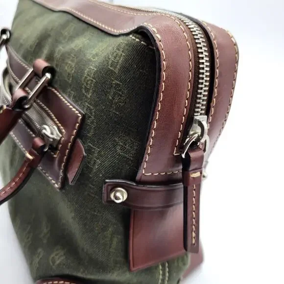 Dooney & Bourke Green Signature Logo Canvas Leather Double Pocket Tote Bag Purse - Picture 7 of 14